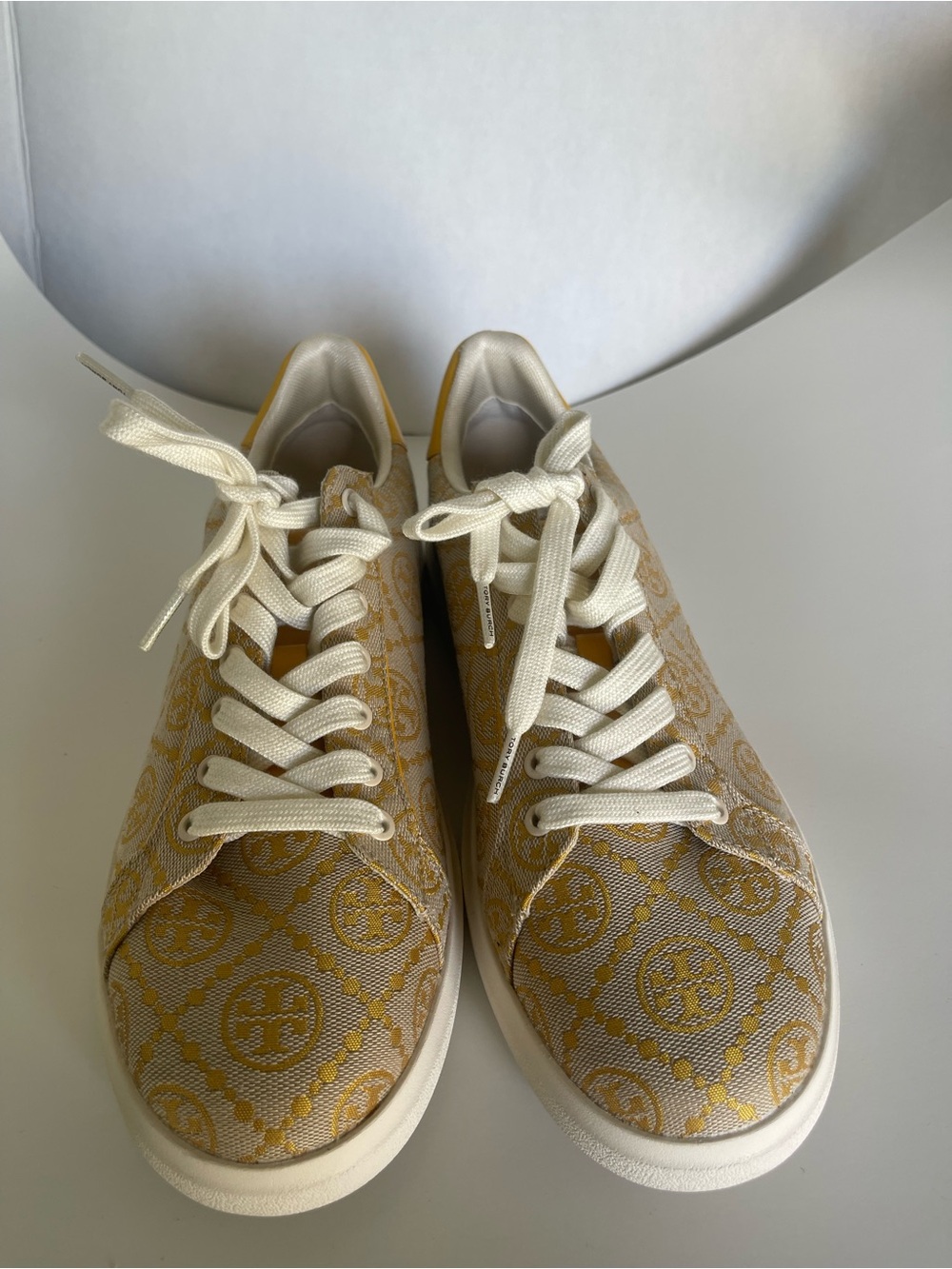 Tory Burch Cream and Mustard Logo Jacquard Sneakers